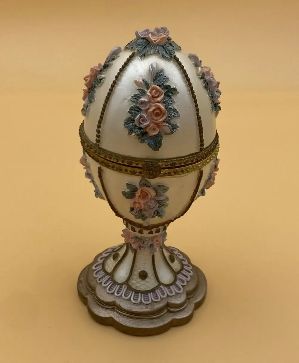 Vintage Egg Shaped Floral Metal Jewelry Box w/ Hinged Lid, Fabric Lined Interior